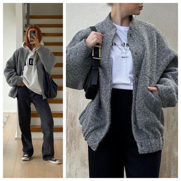 Zara Textured Urban Oversized Bomber Jacket Big Pocket Size M/L In Marl Gray - Picture 3 of 16